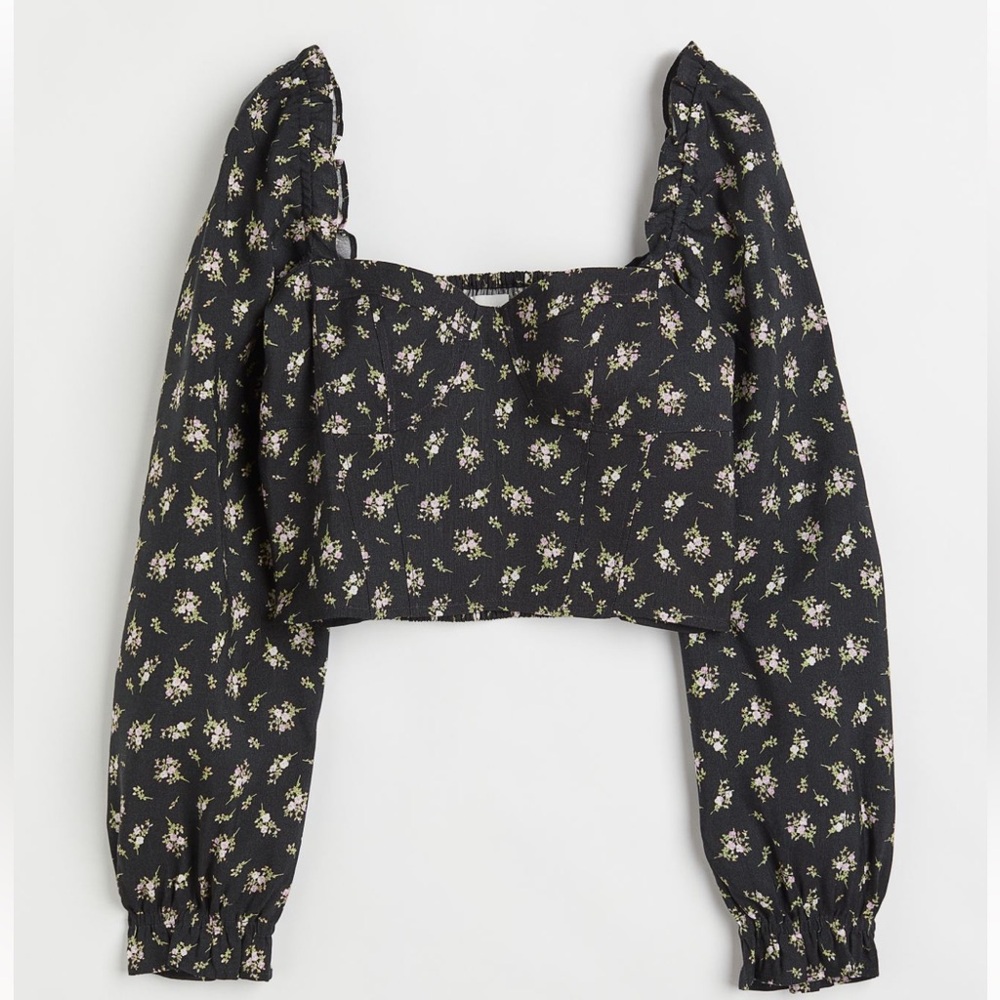 Floral Linen Blend Square Neck Puff Sleeve Crop Top